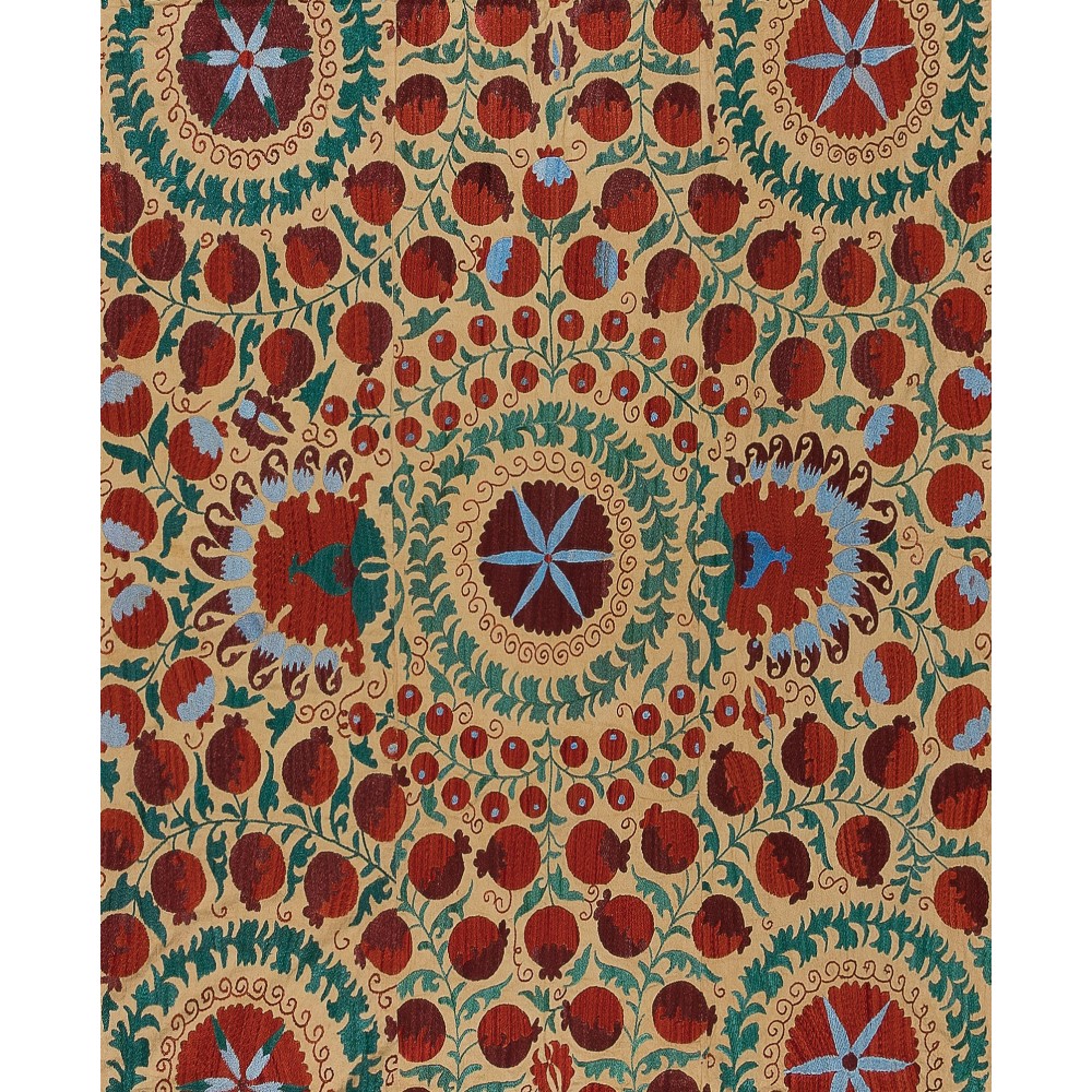 Vintage Silk Hand Embroidery Bed Cover, Central Asian Suzani Wall Hanging
