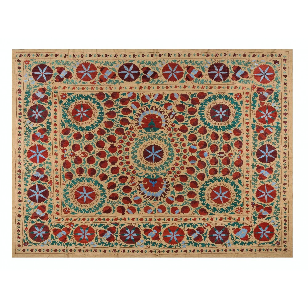 Vintage Silk Hand Embroidery Bed Cover, Central Asian Suzani Wall Hanging