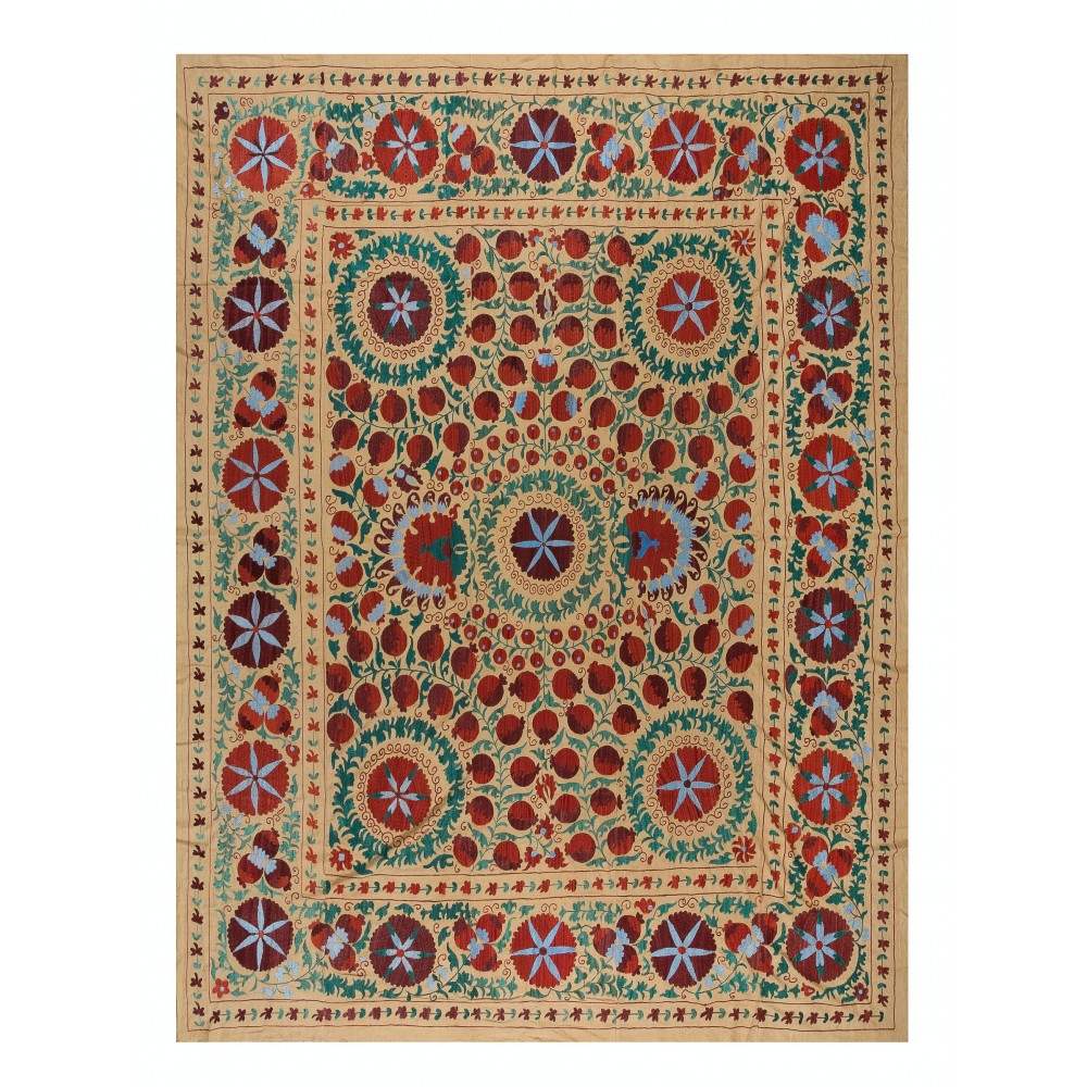 Vintage Silk Hand Embroidery Bed Cover, Central Asian Suzani Wall Hanging
