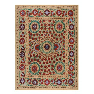 Vintage Silk Hand Embroidery Bed Cover. Central Asian Suzani Wall Hanging