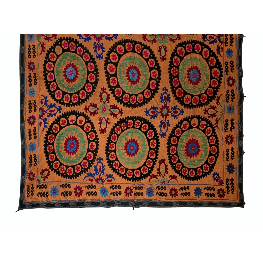 Vintage Silk Hand Embroidery Bed Cover, Uzbek Suzani Wall Hanging