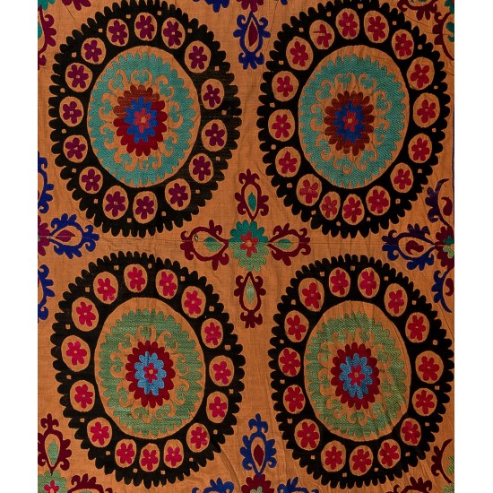 Vintage Silk Hand Embroidery Bed Cover, Uzbek Suzani Wall Hanging