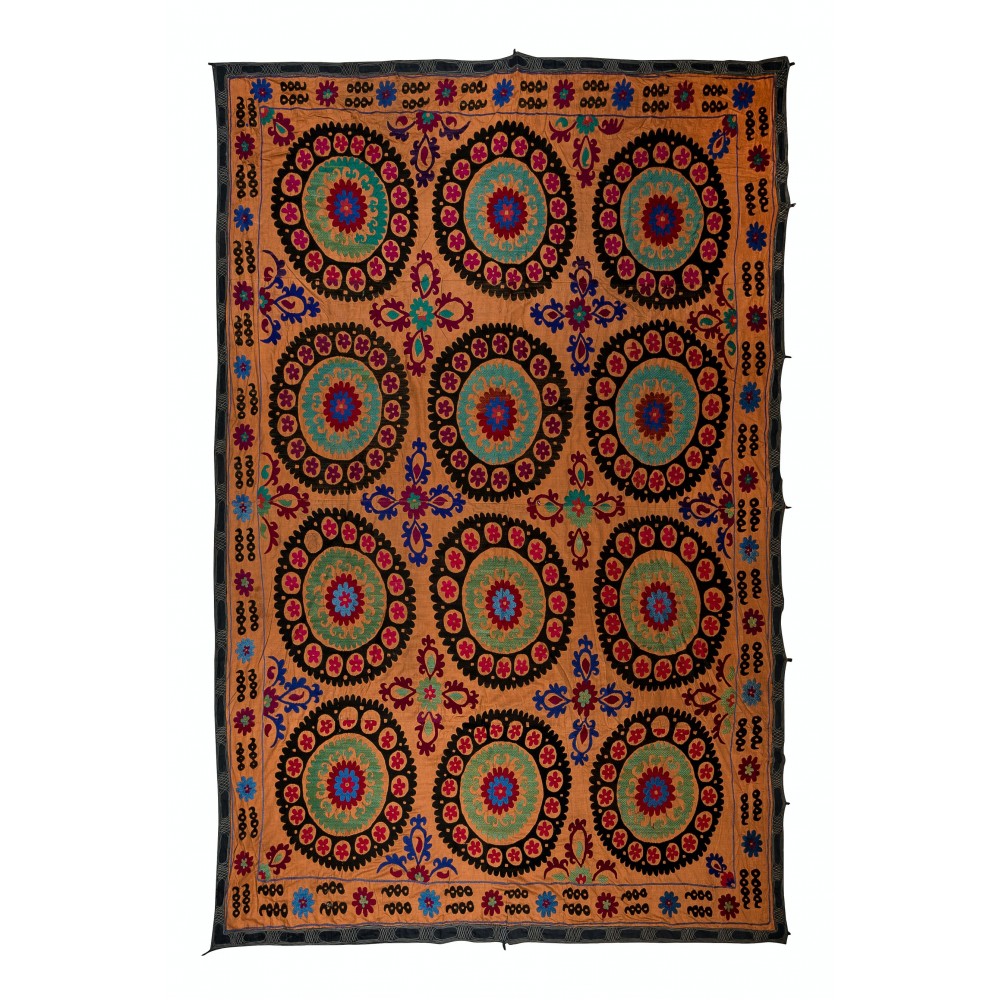 Vintage Silk Hand Embroidery Bed Cover, Uzbek Suzani Wall Hanging