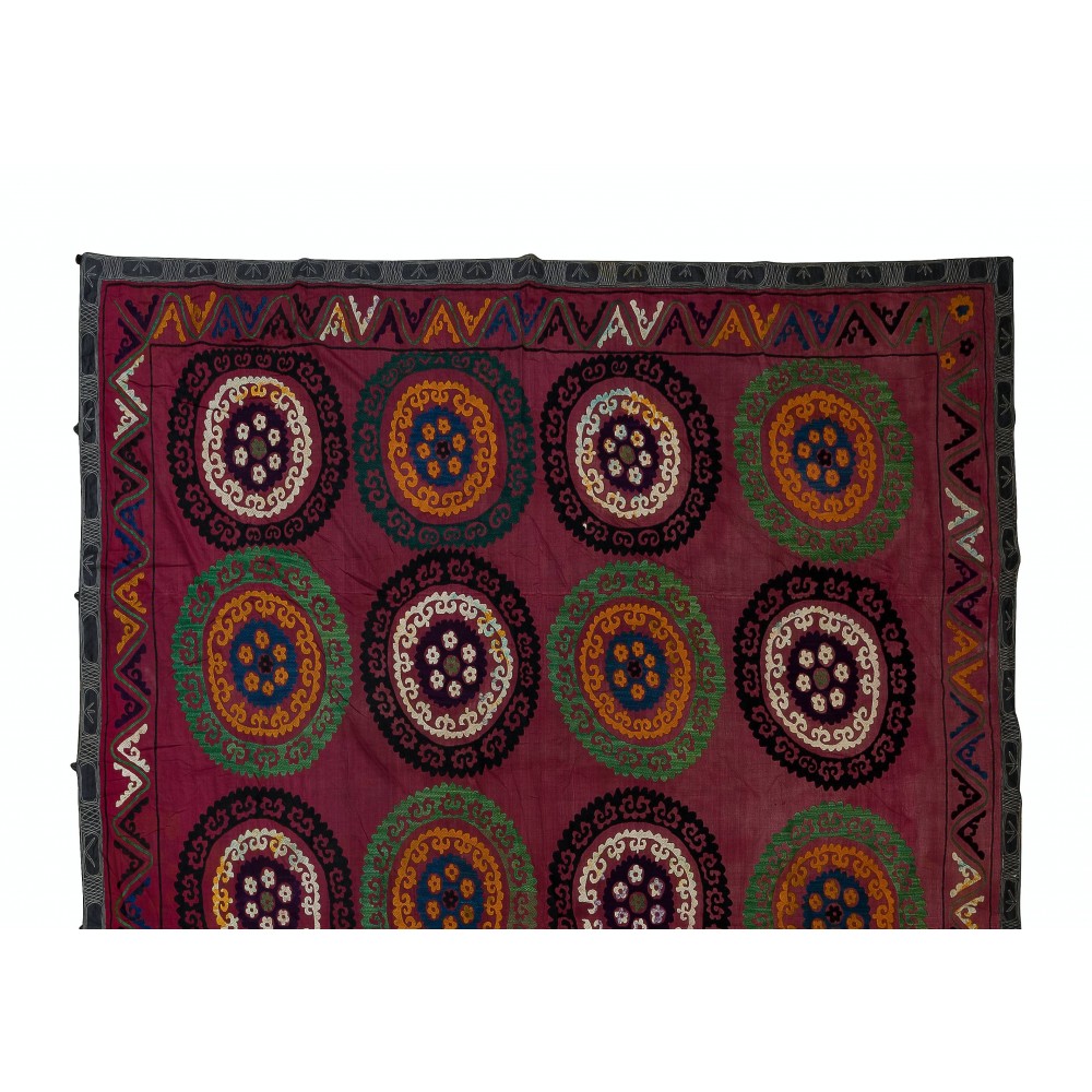 Vintage Silk Embroidery Bedspread, Central Asian Suzani Tablecloth