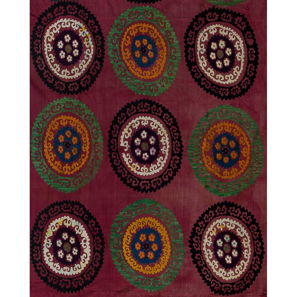 Vintage Silk Embroidery Bedspread, Central Asian Suzani Tablecloth