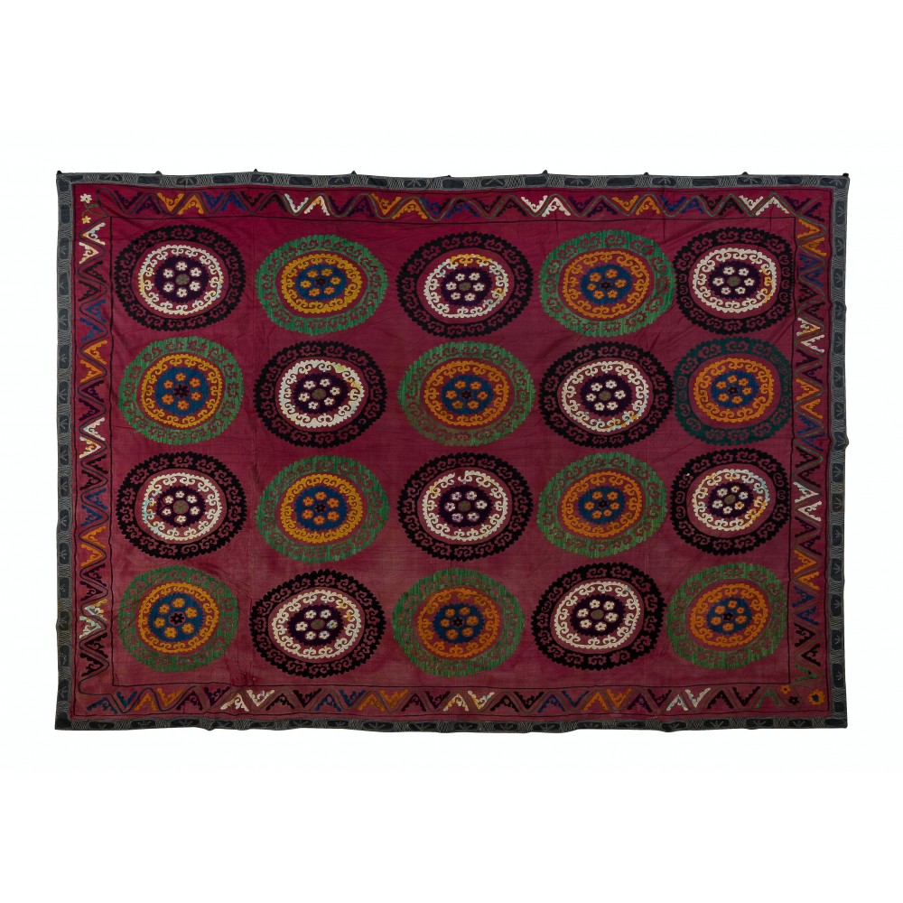 Vintage Silk Embroidery Bedspread, Central Asian Suzani Tablecloth