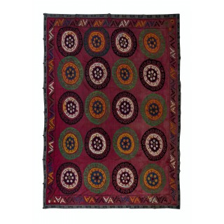 Vintage Silk Embroidery Bedspread. Central Asian Suzani Tablecloth