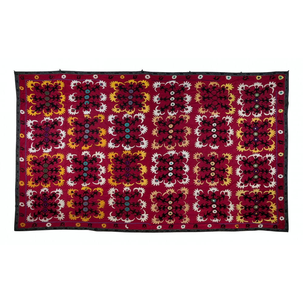 Vintage Silk Hand Embroidery Bed Cover, Uzbek Suzani Wall Hanging