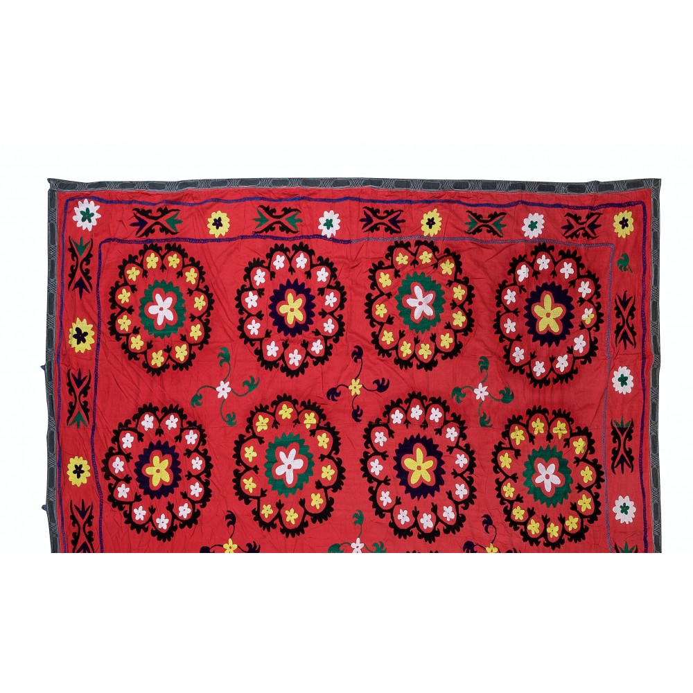 Vintage Silk Hand Embroidery Bed Cover, Central Asian Suzani Wall Hanging