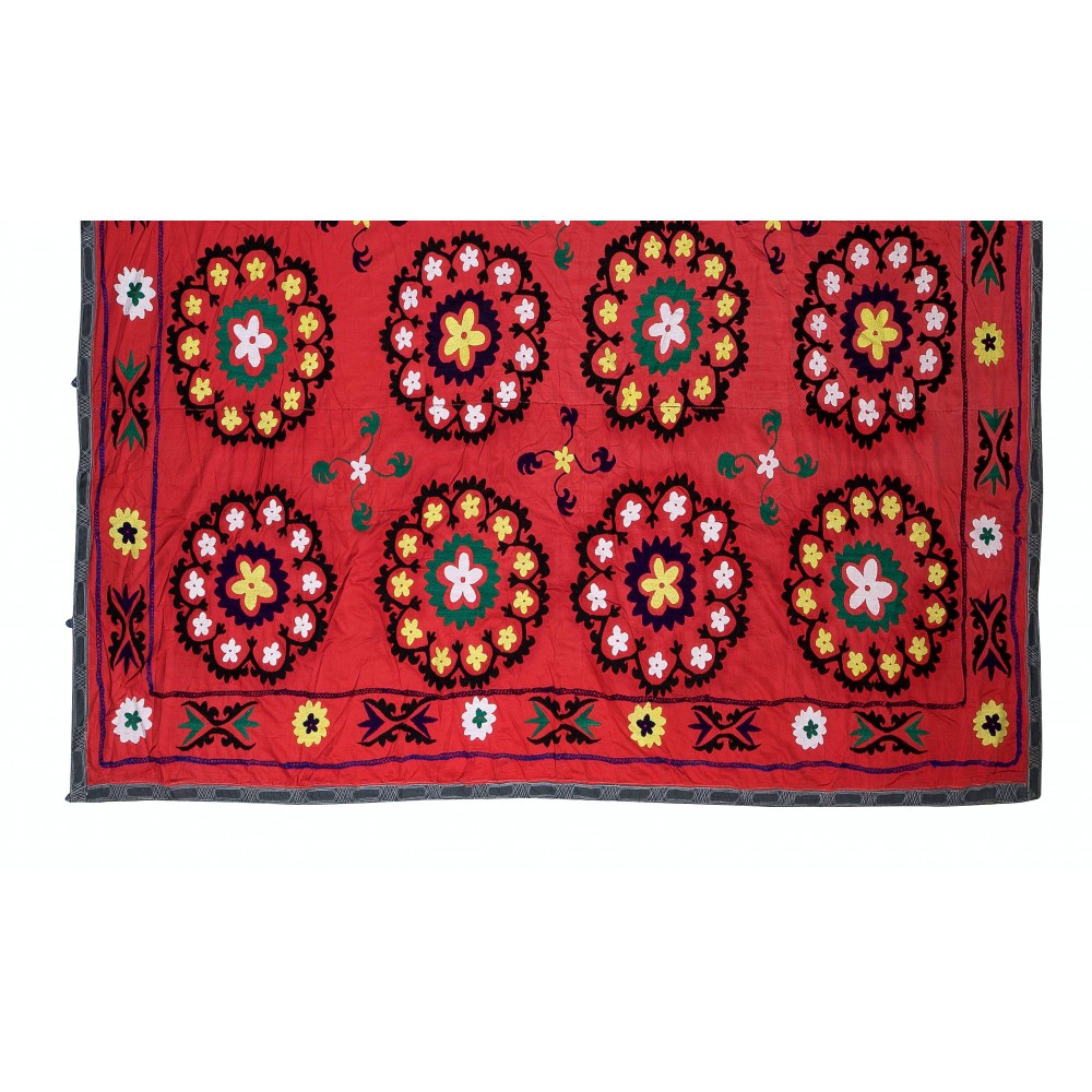 Vintage Silk Hand Embroidery Bed Cover, Central Asian Suzani Wall Hanging