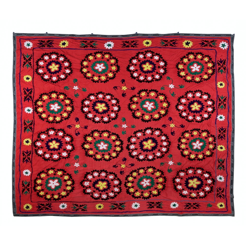 Vintage Silk Hand Embroidery Bed Cover, Central Asian Suzani Wall Hanging