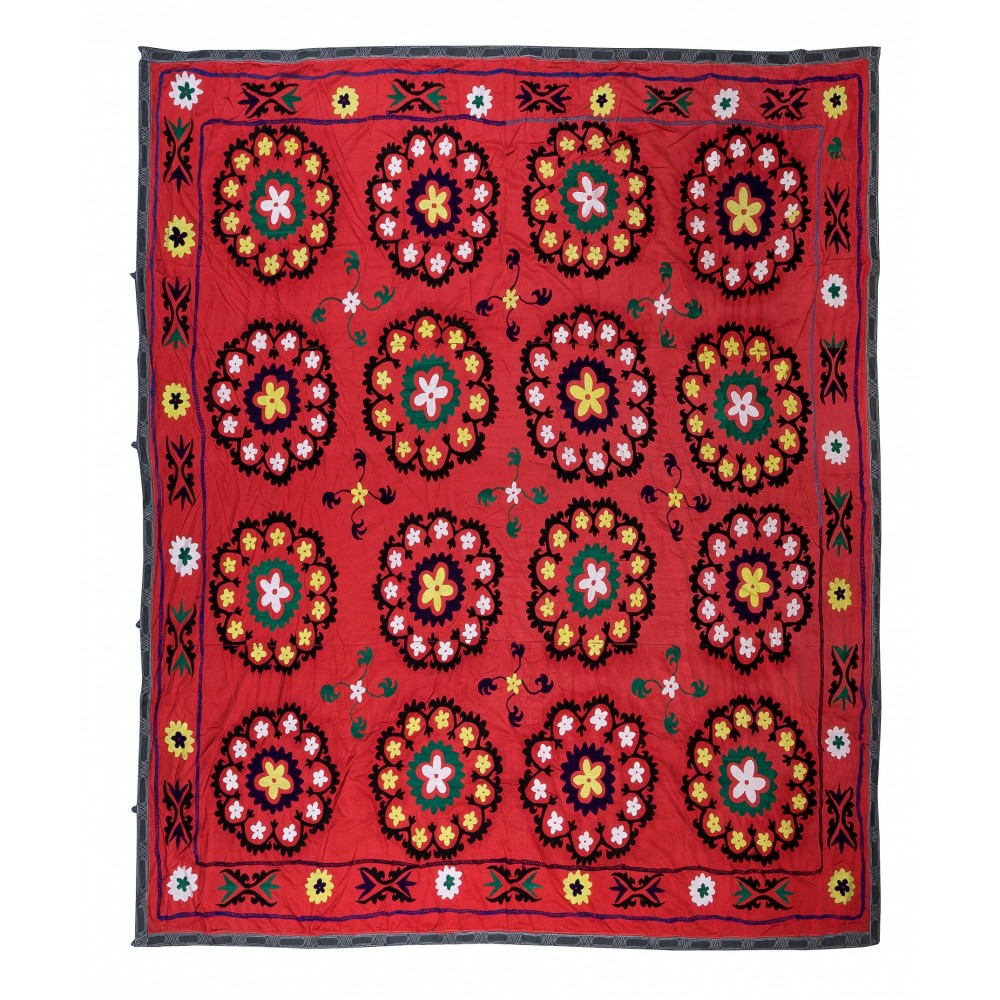 Vintage Silk Hand Embroidery Bed Cover, Central Asian Suzani Wall Hanging