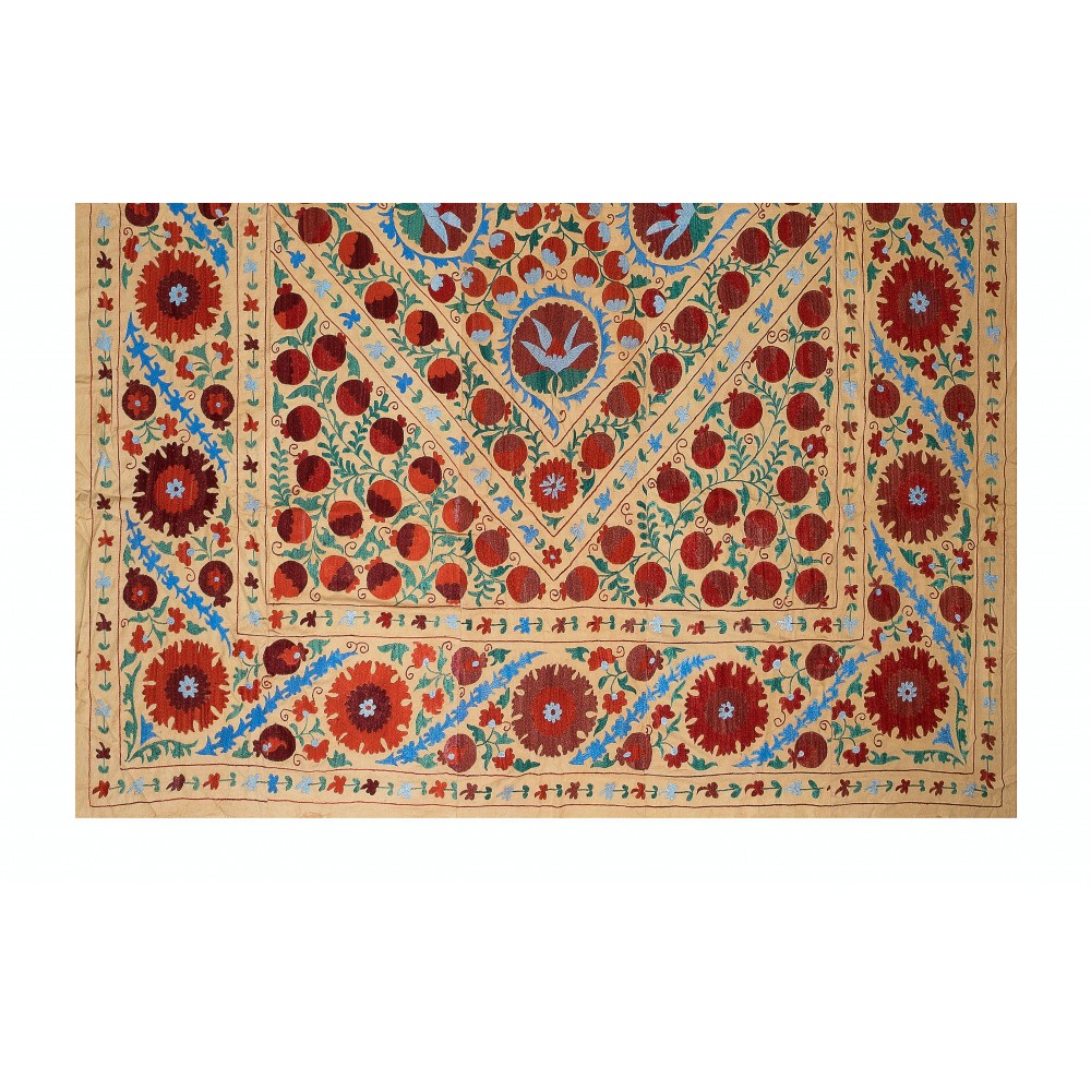 Vintage Silk Hand Embroidery Bed Cover, Decorative Suzani Wall Hanging from Uzbekistan