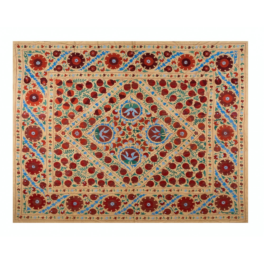 Vintage Silk Hand Embroidery Bed Cover, Decorative Suzani Wall Hanging from Uzbekistan