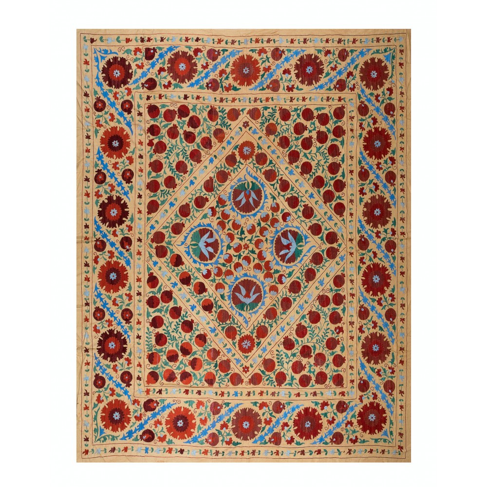 Vintage Silk Hand Embroidery Bed Cover, Decorative Suzani Wall Hanging from Uzbekistan