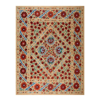 Vintage Silk Hand Embroidery Bed Cover. Suzani Fabric Wall Hanging from Uzbekistan