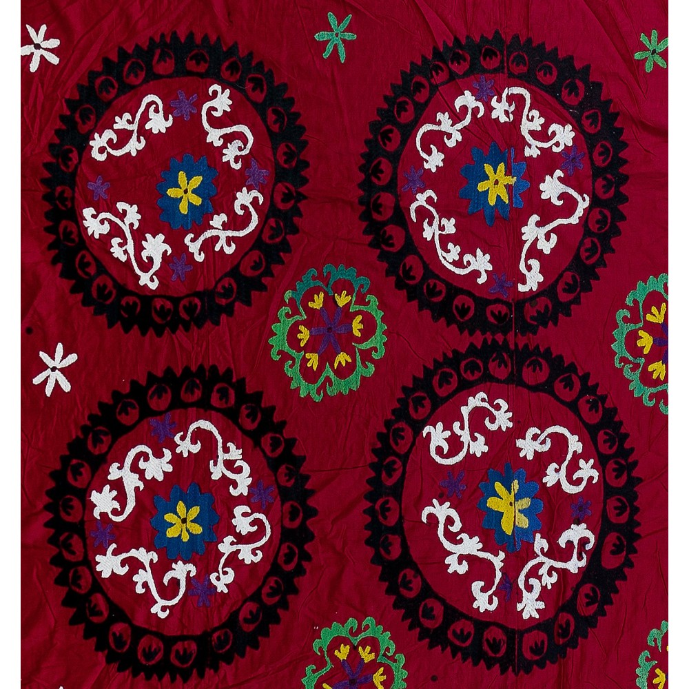 Vintage Silk Hand Embroidery Bed Cover, Central Asian Suzani Wall Hanging