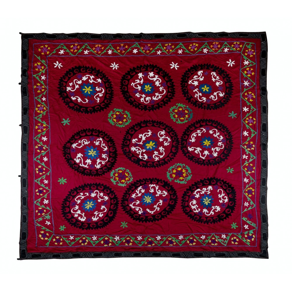 Vintage Silk Hand Embroidery Bed Cover, Central Asian Suzani Wall Hanging