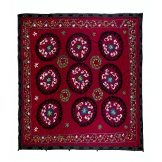 Vintage Silk Hand Embroidery Bed Cover. Suzani Textile Wall Hanging. One-of-a-kind Tablecloth