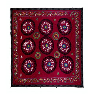 Vintage Silk Hand Embroidery Bed Cover. Suzani Textile Wall Hanging. One-of-a-kind Tablecloth