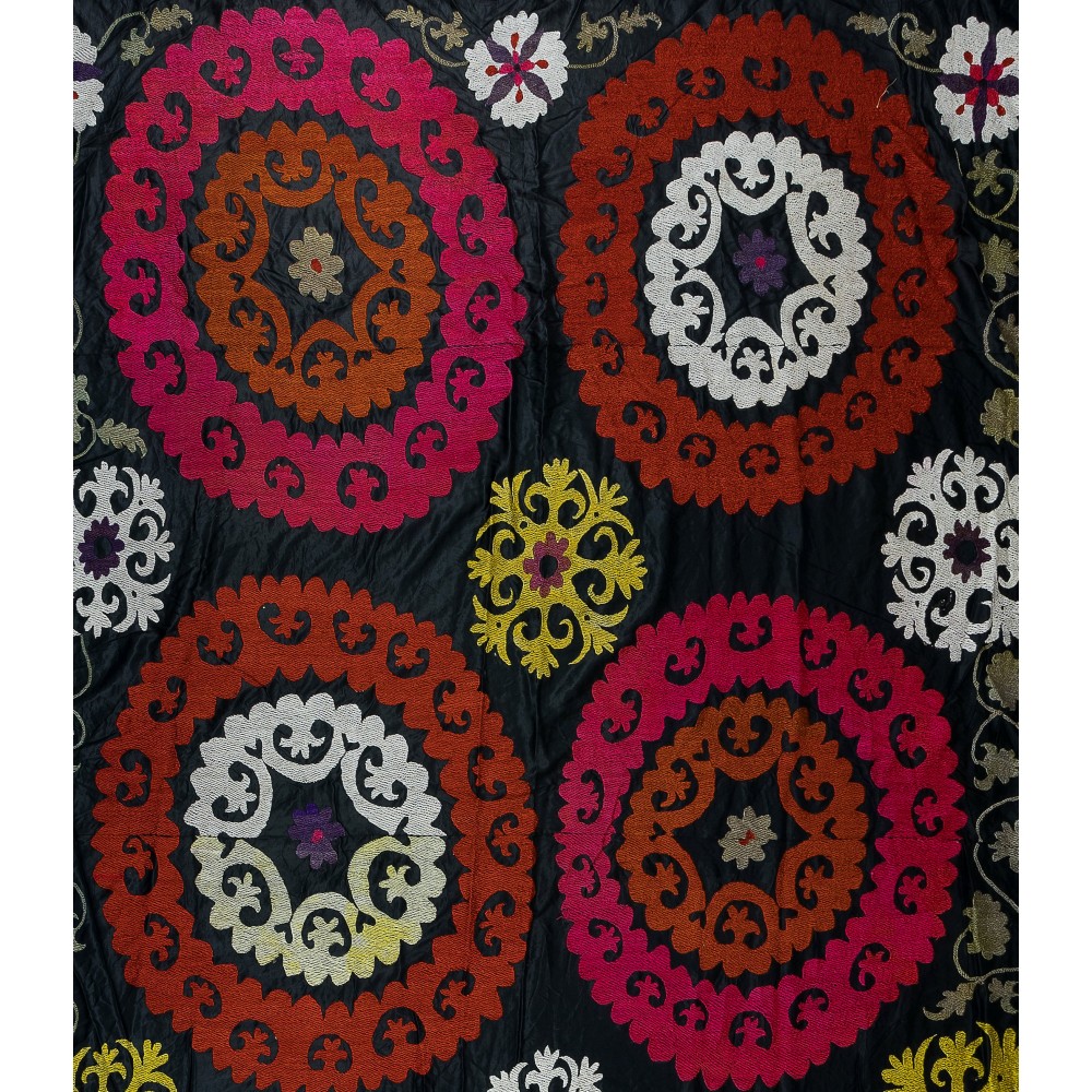 Vintage Silk Hand Embroidery Bed Cover, Central Asian Suzani Wall Hanging
