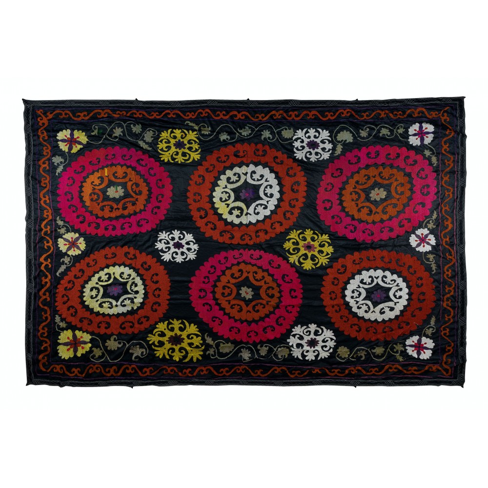 Vintage Silk Hand Embroidery Bed Cover, Central Asian Suzani Wall Hanging