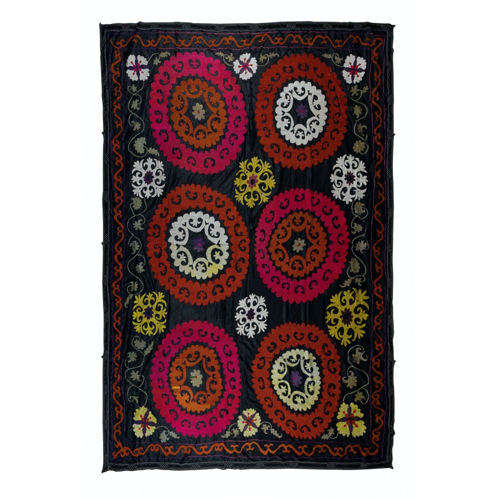 Vintage Silk Hand Embroidery Bed Cover, Central Asian Suzani Wall Hanging