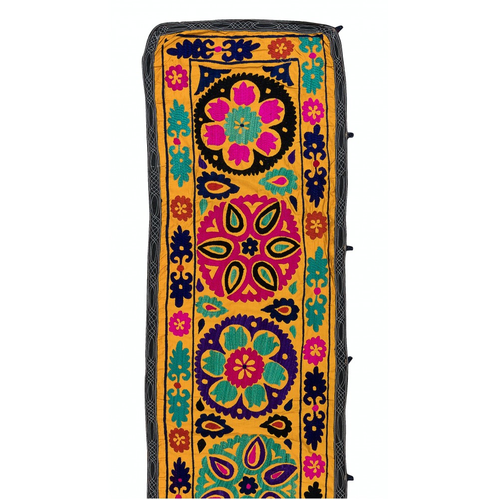 Vintage Silk Hand Embroidery Wall Hanging. Yellow Suzani Table Runner
