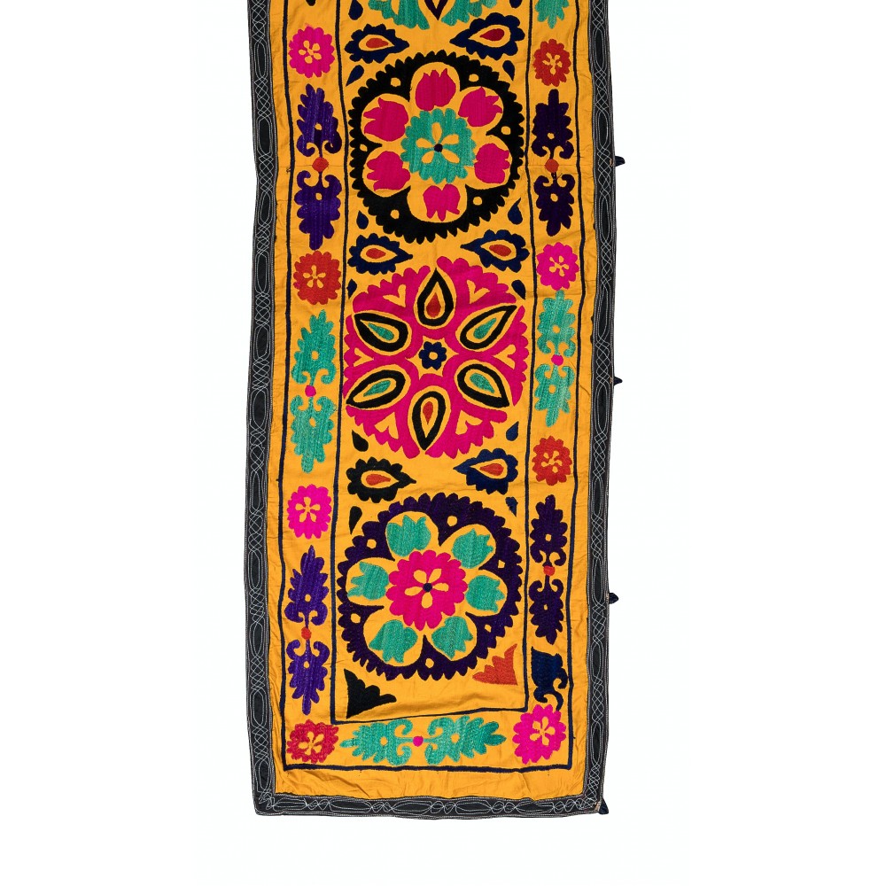 Vintage Silk Hand Embroidery Wall Hanging. Yellow Suzani Table Runner