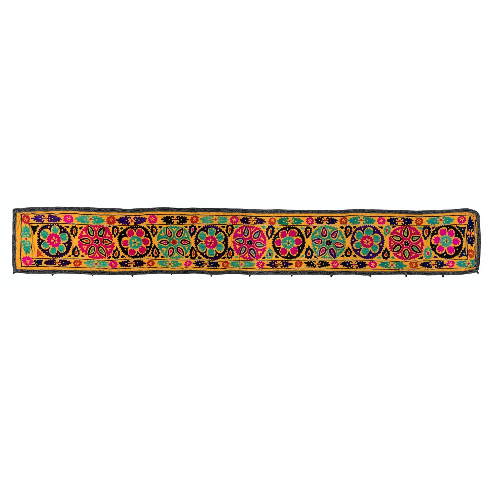 Vintage Silk Hand Embroidery Wall Hanging. Yellow Suzani Table Runner