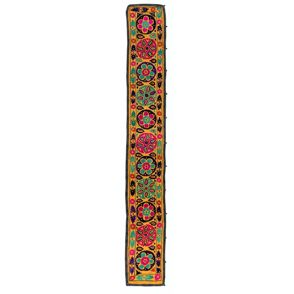 Vintage Silk Hand Embroidery Wall Hanging. Yellow Suzani Table Runner
