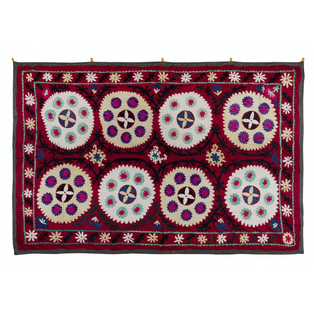 Multicolor Silk Embroidery Wall Hanging, Suzani Fabric Bedspread, Old Tablecloth, Asian Inspired Home Decor