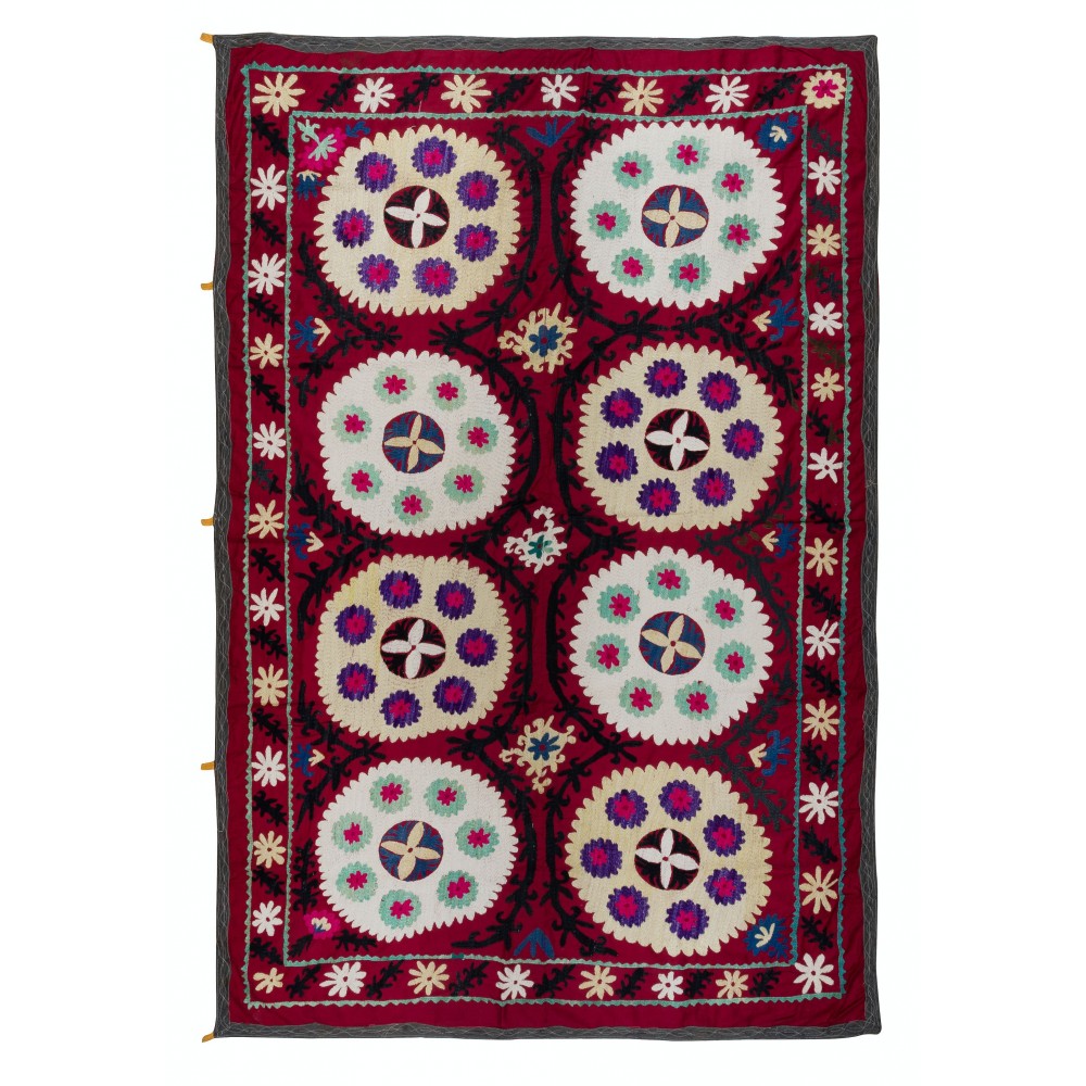 Multicolor Silk Embroidery Wall Hanging, Suzani Fabric Bedspread, Old Tablecloth, Asian Inspired Home Decor