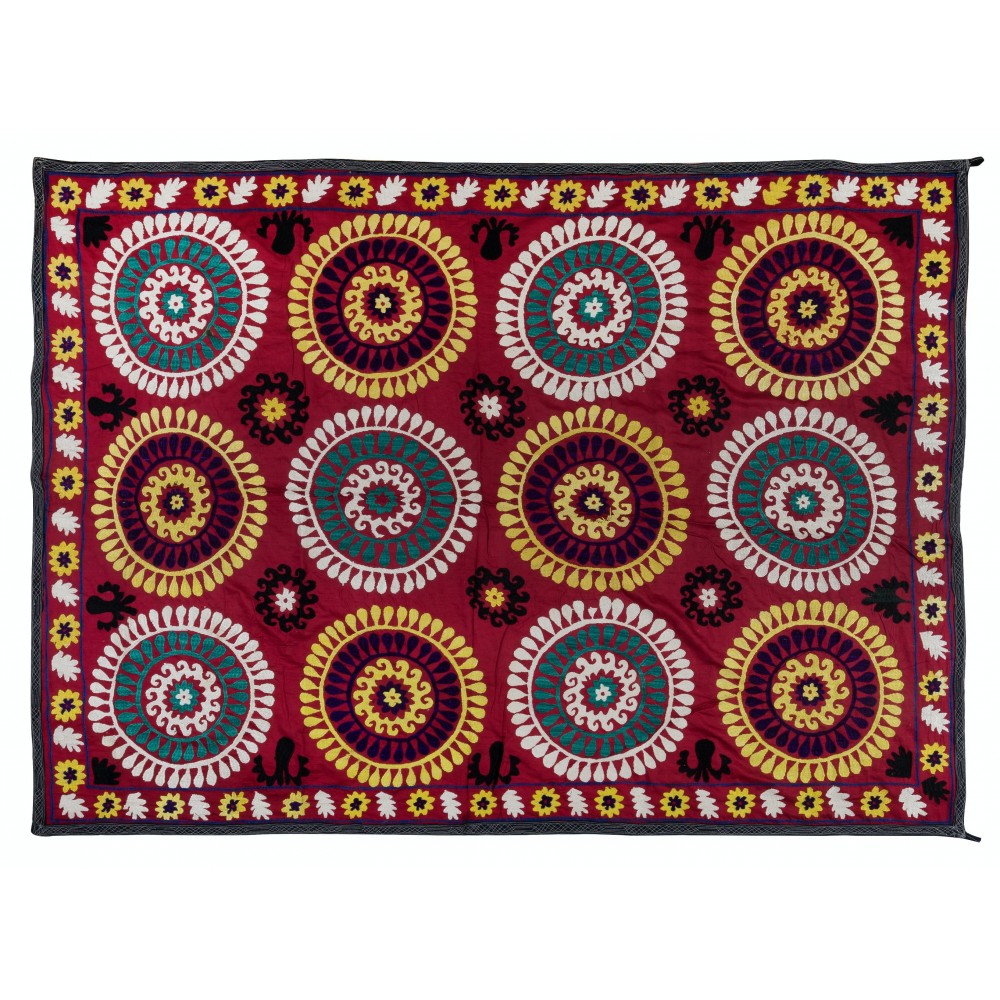 Vintage Silk Embroidery Wall Hanging, Uzbek Suzani Bed Cover, Red Tablecloth, Unique Coloful Throw, Wall Decor Fabric