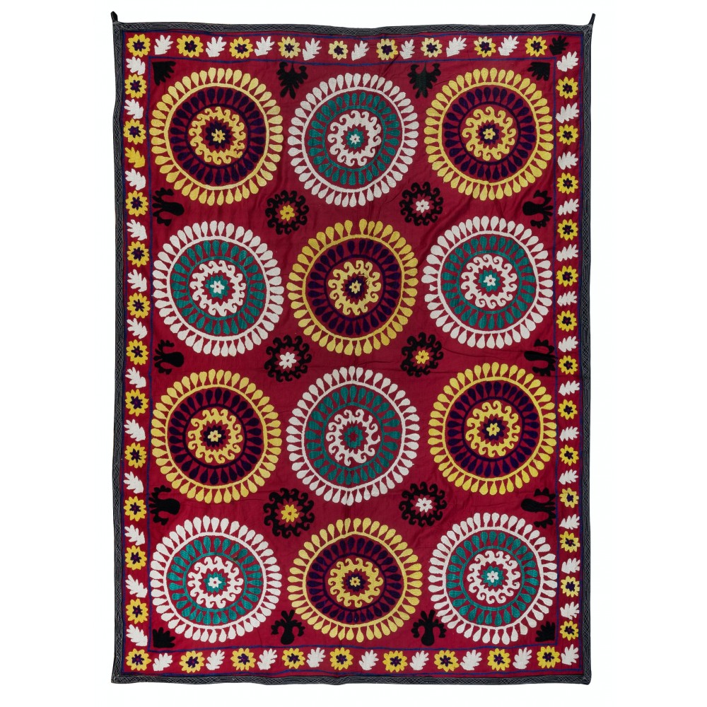 Vintage Silk Embroidery Wall Hanging, Uzbek Suzani Bed Cover, Red Tablecloth, Unique Coloful Throw, Wall Decor Fabric