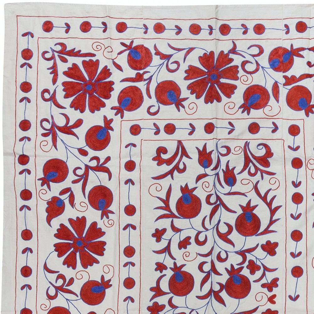Crochet Wall Hanging. Silk Embroidery Bed Cover in Cream, Red & Blue. Handmade Tapestry