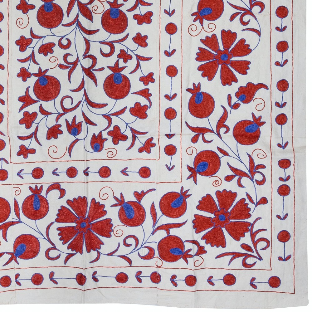 Crochet Wall Hanging. Silk Embroidery Bed Cover in Cream, Red & Blue. Handmade Tapestry