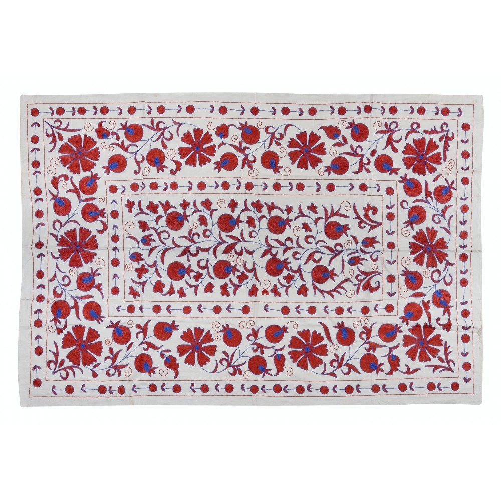 Crochet Wall Hanging. Silk Embroidery Bed Cover in Cream, Red & Blue. Handmade Tapestry