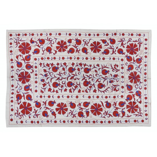 Crochet Wall Hanging. Silk Embroidery Bed Cover in Cream, Red & Blue. Handmade Bedding, Suzani Tablecloth