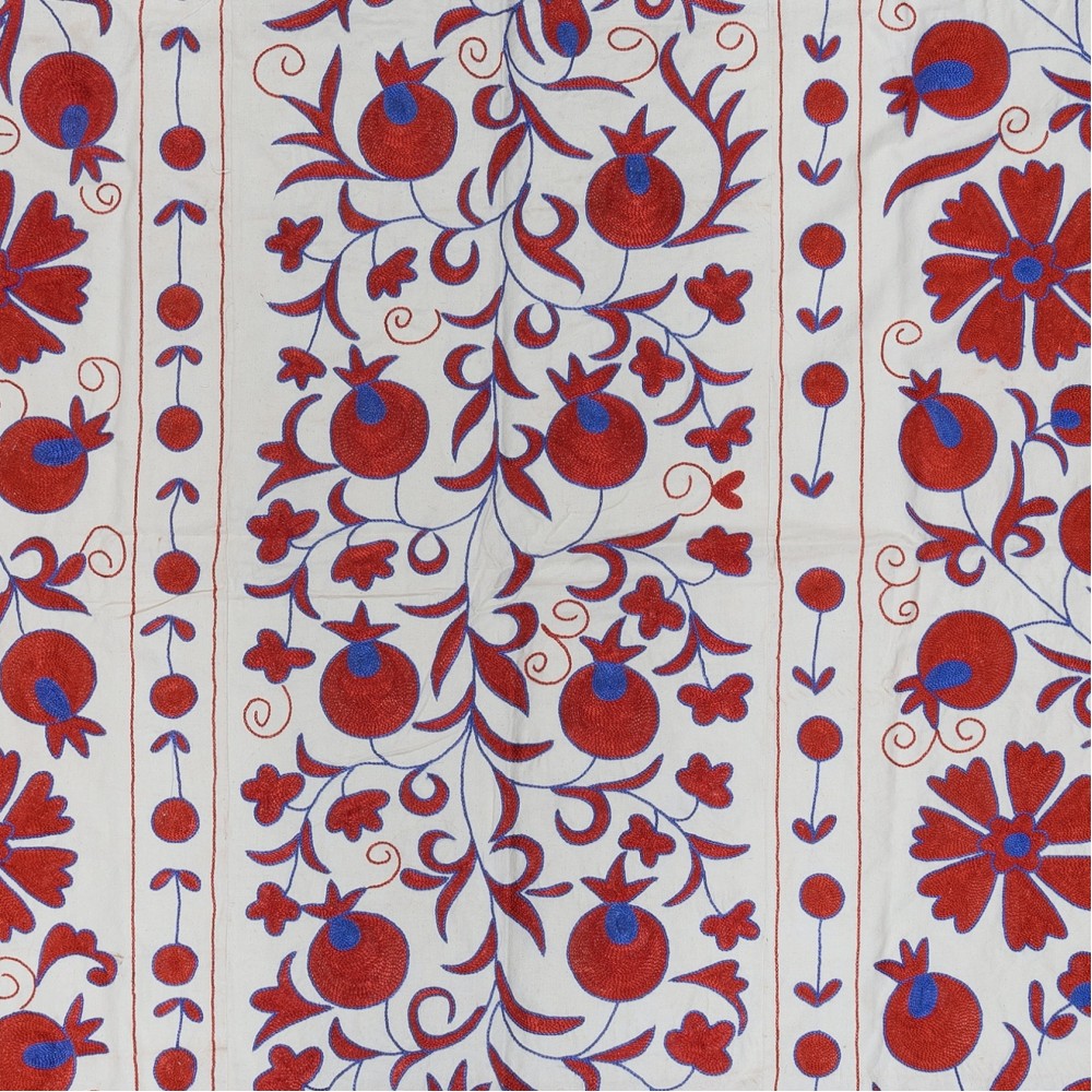 Crochet Wall Hanging. Silk Embroidery Bed Cover in Cream, Red & Blue. Handmade Tapestry