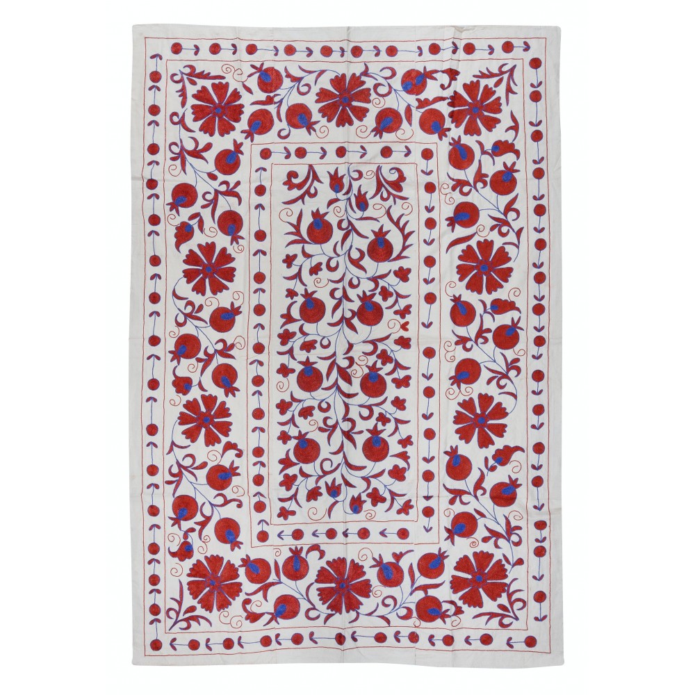 Crochet Wall Hanging. Silk Embroidery Bed Cover in Cream, Red & Blue. Handmade Tapestry