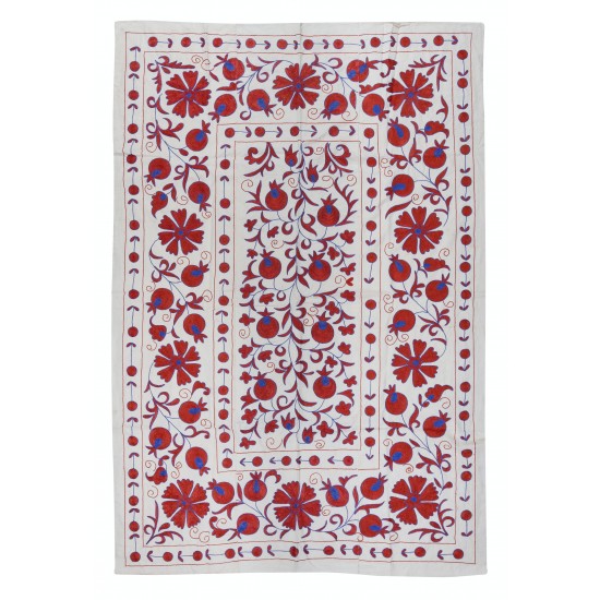 Crochet Wall Hanging. Silk Embroidery Bed Cover in Cream, Red & Blue. Handmade Bedding, Suzani Tablecloth