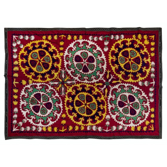 Silk Suzani Wall Hanging. Embroidered Tapestry. Handmade Wall Decor. Uzbek Bedspread in Red, Yellow & Green Colors