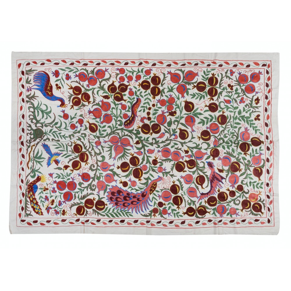 Pomegranate Tree Design Crochet Silk Wall Hanging, Embroidered Suzani Bedspread, Uzbek Table Cover, Handmade Tapestry