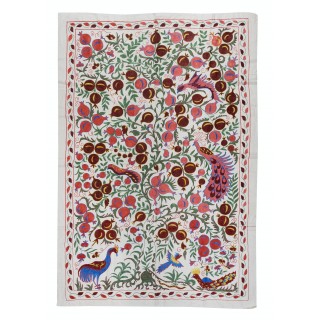 Pomegranate Tree Design Crochet Silk Wall Hanging. Embroidered Suzani Bedspread. Uzbek Table Cover. Handmade Tapestry