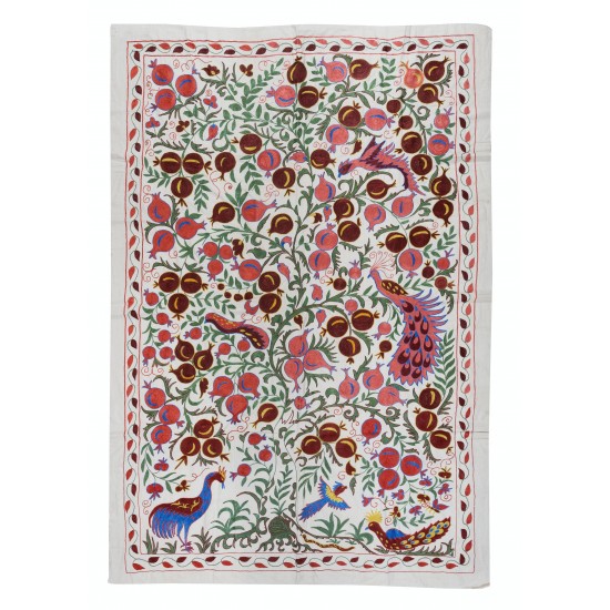 Pomegranate Tree Design Crochet Silk Wall Hanging, Embroidered Suzani Bedspread, Uzbek Table Cover, Handmade Tapestry
