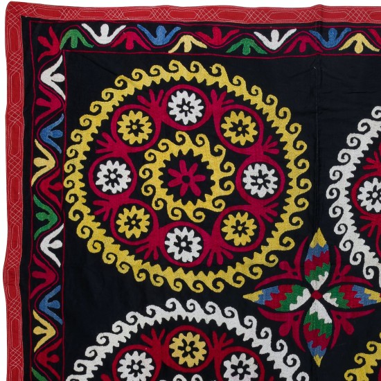 Colorful Silk Hand Embroidered Wall Hanging, Suzani Fabric Bedspread, Old Tablecloth, Home Decoration