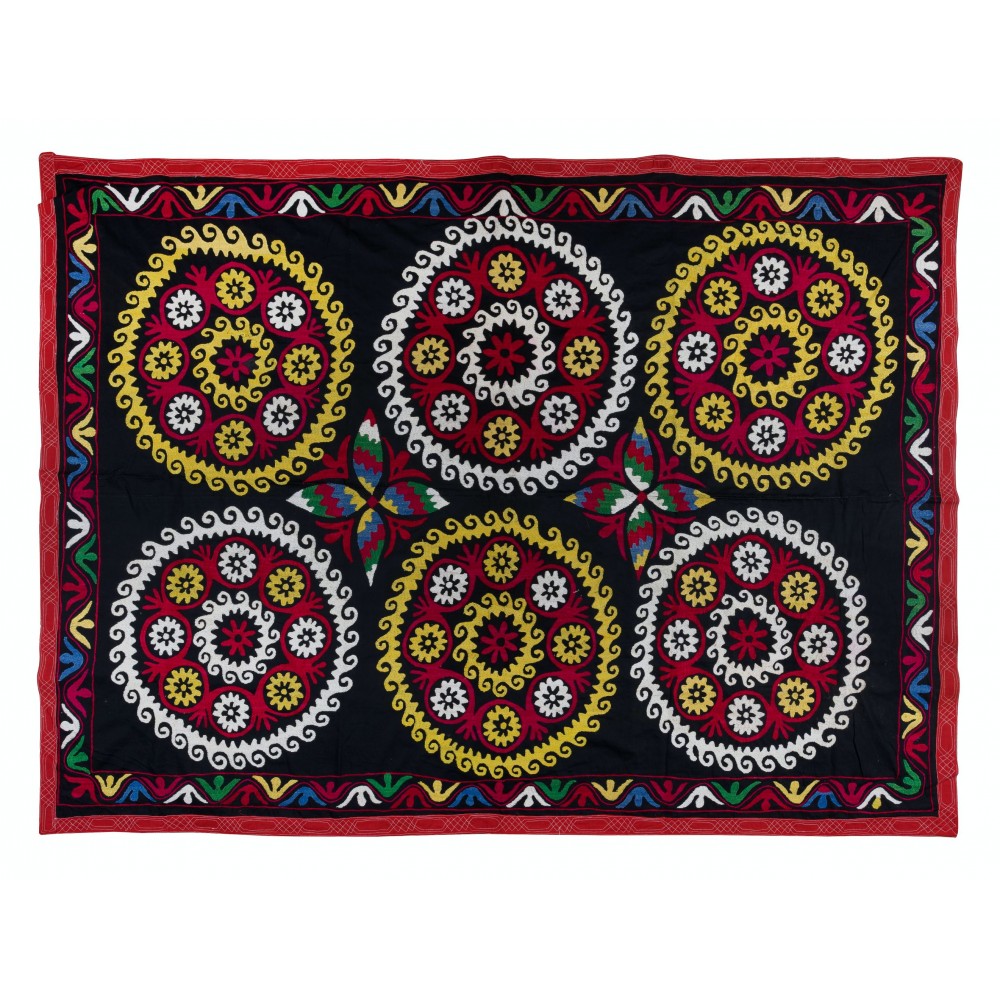 Colorful Silk Hand Embroidered Wall Hanging, Suzani Fabric Bedspread, Old Tablecloth, Home Decoration