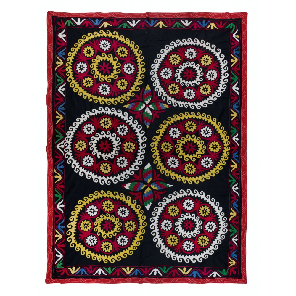 Colorful Silk Hand Embroidered Wall Hanging, Suzani Fabric Bedspread, Old Tablecloth, Home Decoration