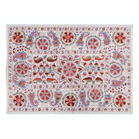 Uzbek Suzani Textile Bed Cover, Embroidered Silk and Cotton Wall Hanging, Boho Wall Decor, Asian Inspired, Vibrant Colors